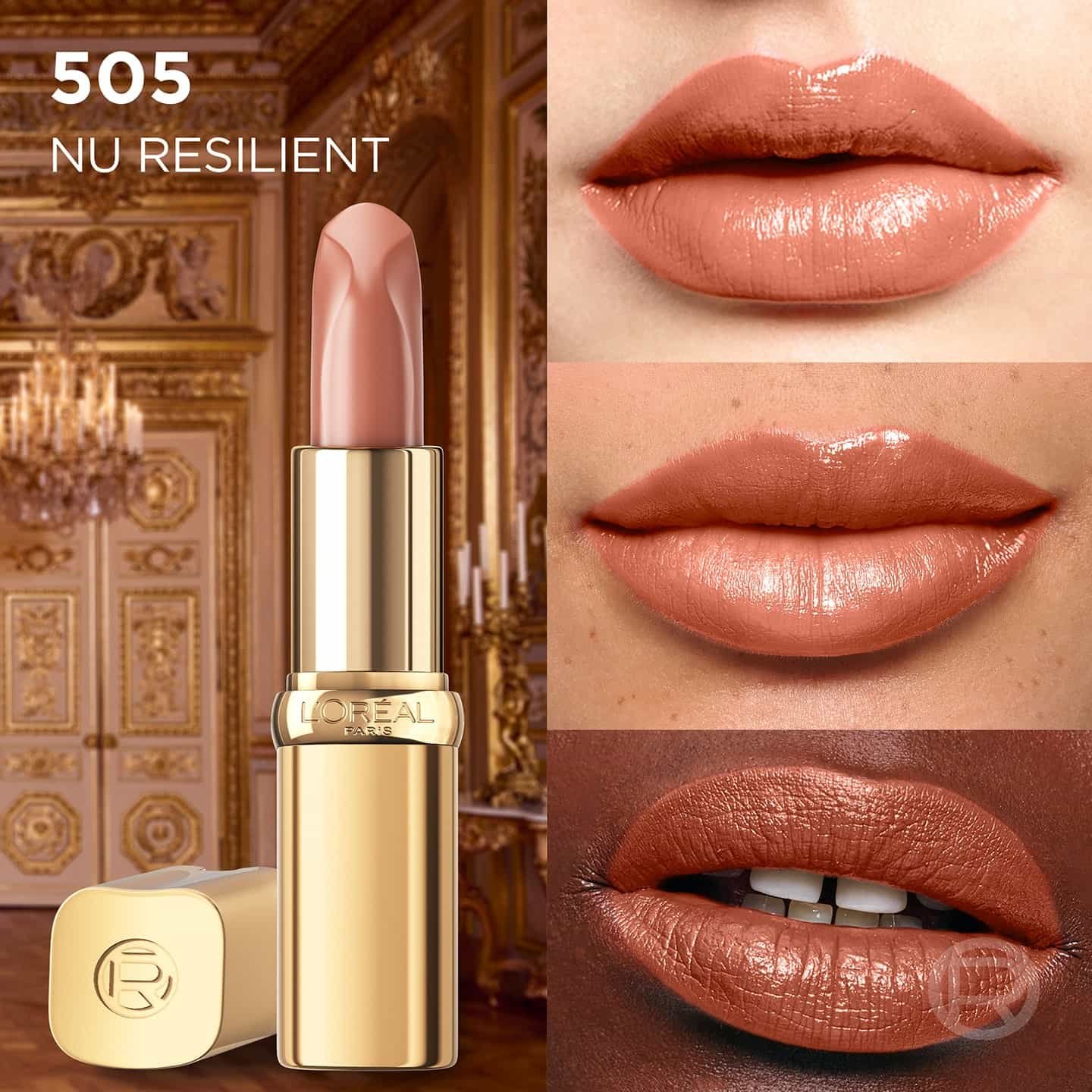 Color Riche Satin Nude 505 Nu Resilient Vorschau auf drei Lippenpaaren